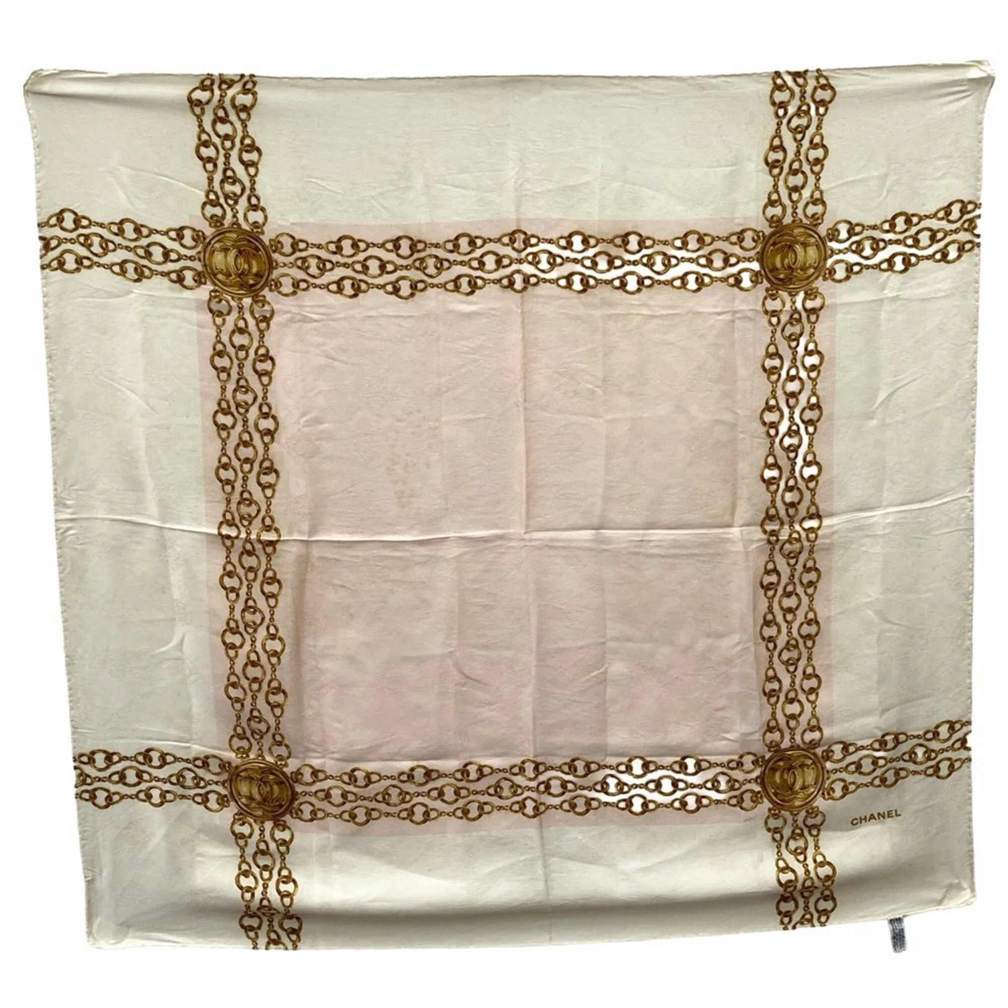 Chanel Coco Mark Chain Pattern Scarf/Muffler, Silk, Pink Gold, Women's